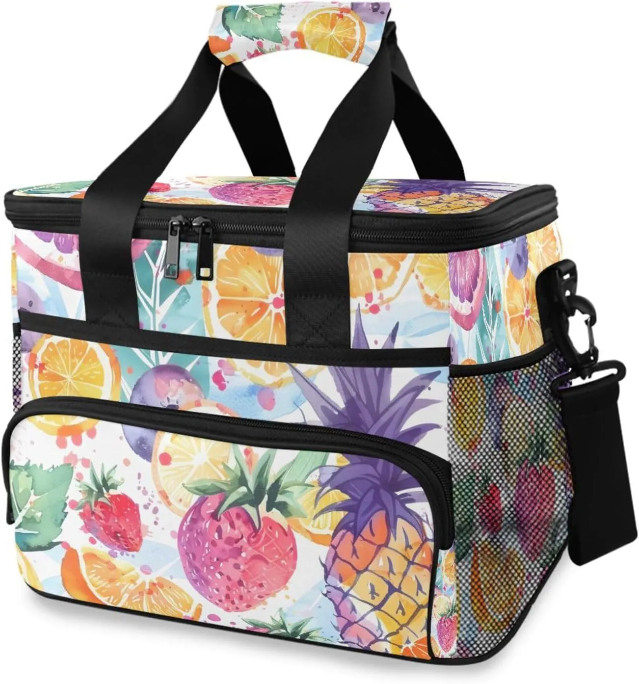 Pineapple Strawberry Orange Tropical Cooler Bag Insulated Cooler Soft Sided Cooler 24 Can Portable Picnic Bag Large Leakproof Lunch Bag Box for Beach Grocery Camping Travel Car Men Women