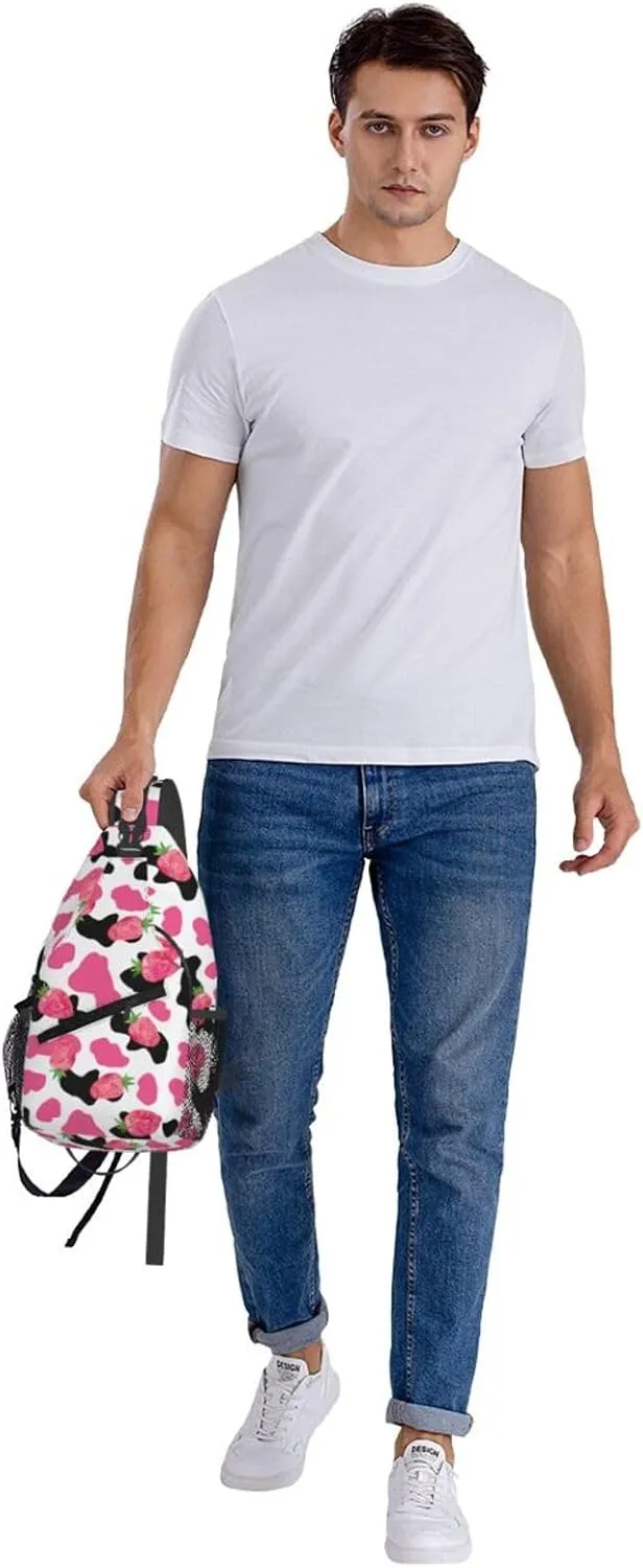 Pink Black Cow Print Pink Strawberry Cross Chest Bag Diagonally Hiking Crossbody Bag Travel Shoulder Daypack Lightweight Sling Backpack Cycling Daypacks Fitness Chest Backpacks