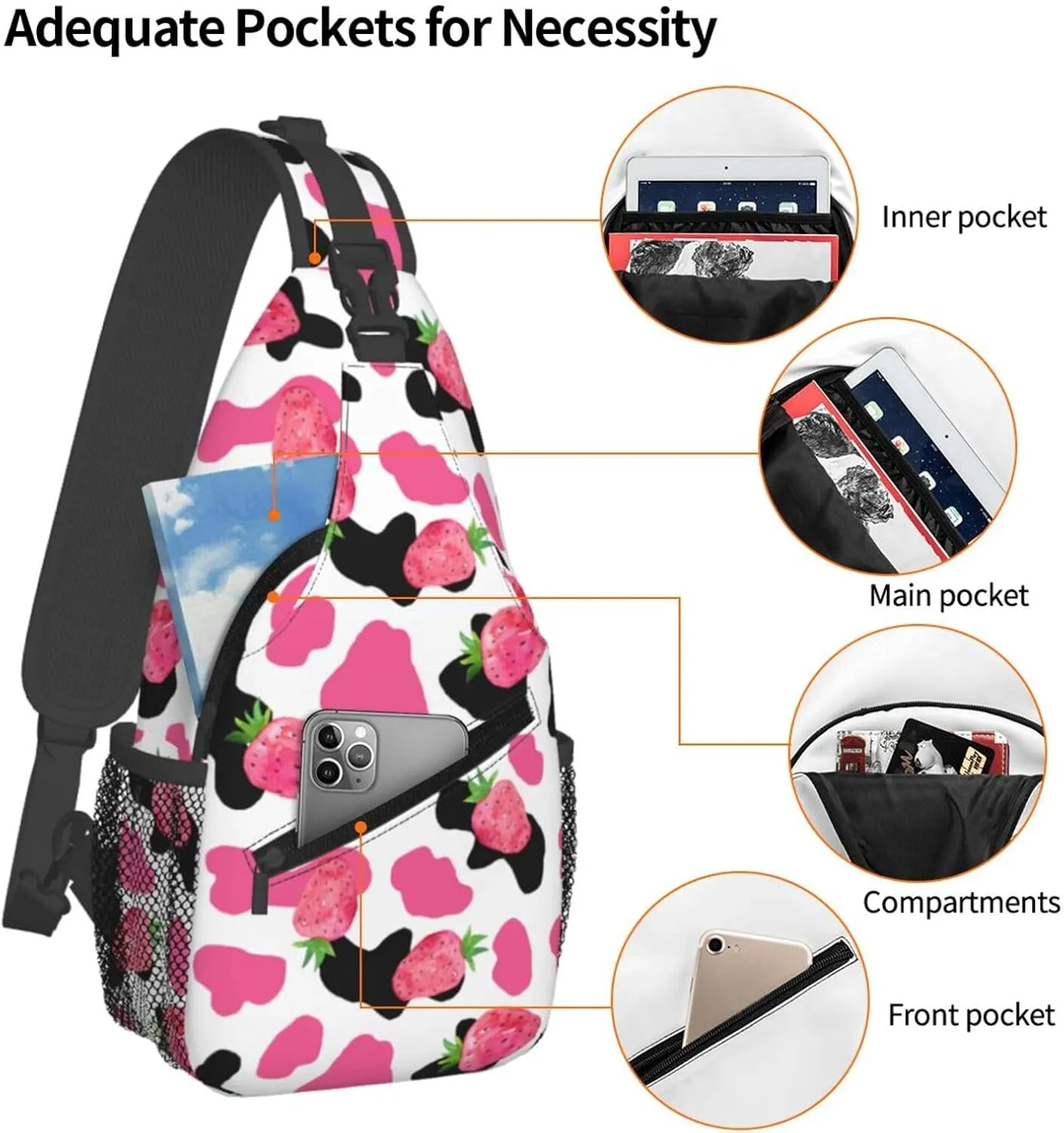 Pink Black Cow Print Pink Strawberry Cross Chest Bag Diagonally Hiking Crossbody Bag Travel Shoulder Daypack Lightweight Sling Backpack Cycling Daypacks Fitness Chest Backpacks
