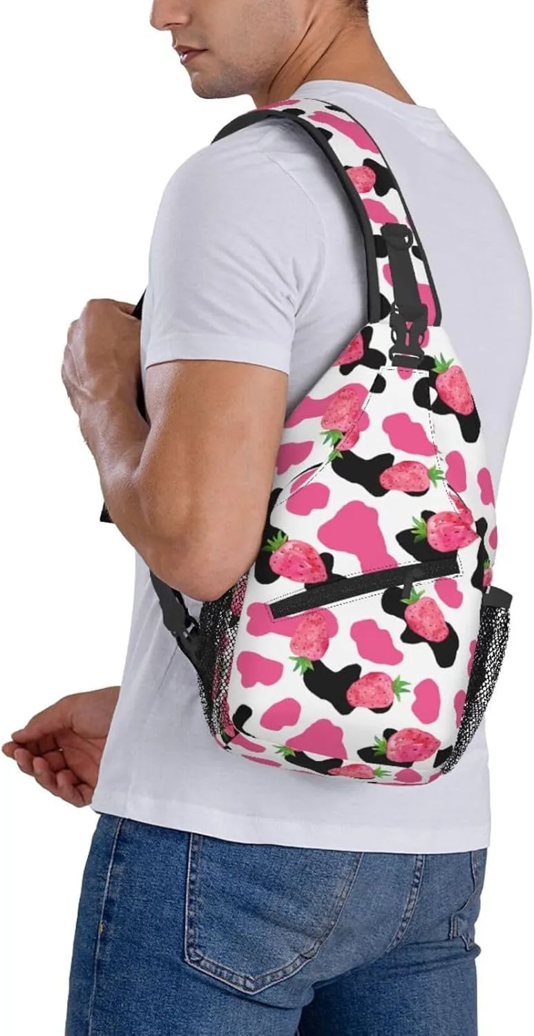 Pink Black Cow Print Pink Strawberry Cross Chest Bag Diagonally Hiking Crossbody Bag Travel Shoulder Daypack Lightweight Sling Backpack Cycling Daypacks Fitness Chest Backpacks