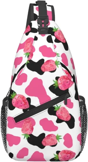 Pink Black Cow Print Pink Strawberry Cross Chest Bag Diagonally Hiking Crossbody Bag Travel Shoulder Daypack Lightweight Sling Backpack Cycling Daypacks Fitness Chest Backpacks