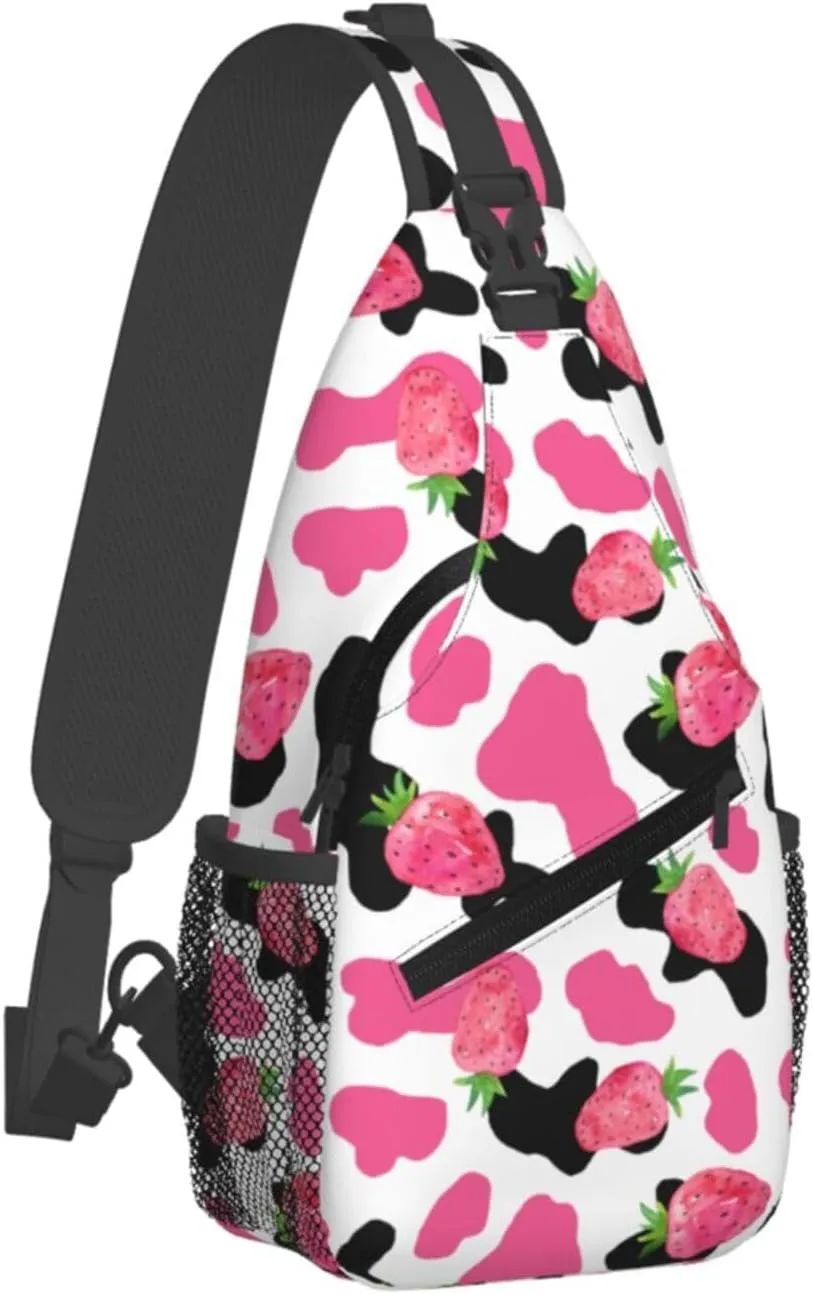 Pink Black Cow Print Pink Strawberry Cross Chest Bag Diagonally Hiking Crossbody Bag Travel Shoulder Daypack Lightweight Sling Backpack Cycling Daypacks Fitness Chest Backpacks