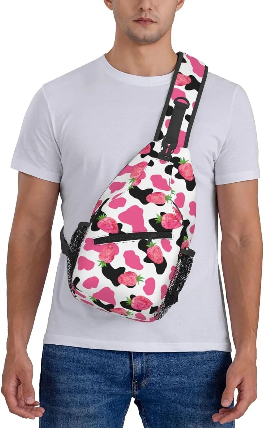 Pink Black Cow Print Pink Strawberry Cross Chest Bag Diagonally Hiking Crossbody Bag Travel Shoulder Daypack Lightweight Sling Backpack Cycling Daypacks Fitness Chest Backpacks