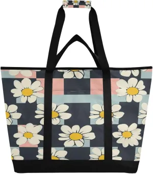 Pink Black Plaid Daisy Reusable Insulated Lunchbox Cooler Bag, Leakproof Kitchen Grocery Bag Collapsible Portable Cooler Tote Bag for Picnic, Camping, Office, Travel