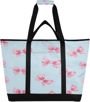 Pink Bows Reusable Insulated Lunchbox Cooler Bag, Leakproof Kitchen Grocery Bag Collapsible Portable Cooler Tote Bag for Picnic, Camping, Office, Travel