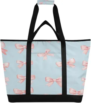 Pink Bows Reusable Insulated Lunchbox Cooler Bag, Leakproof Kitchen Grocery Bag Collapsible Portable Cooler Tote Bag for Picnic, Camping, Office, Travel