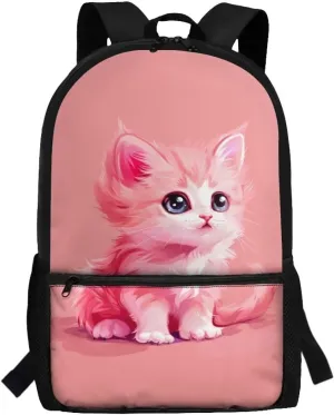 Pink Cat Print School Backpack for Girls 5th Grade Kids Backpack 17 Inch Waterproof Rucksack Adjustabel Straps Portable Daypack