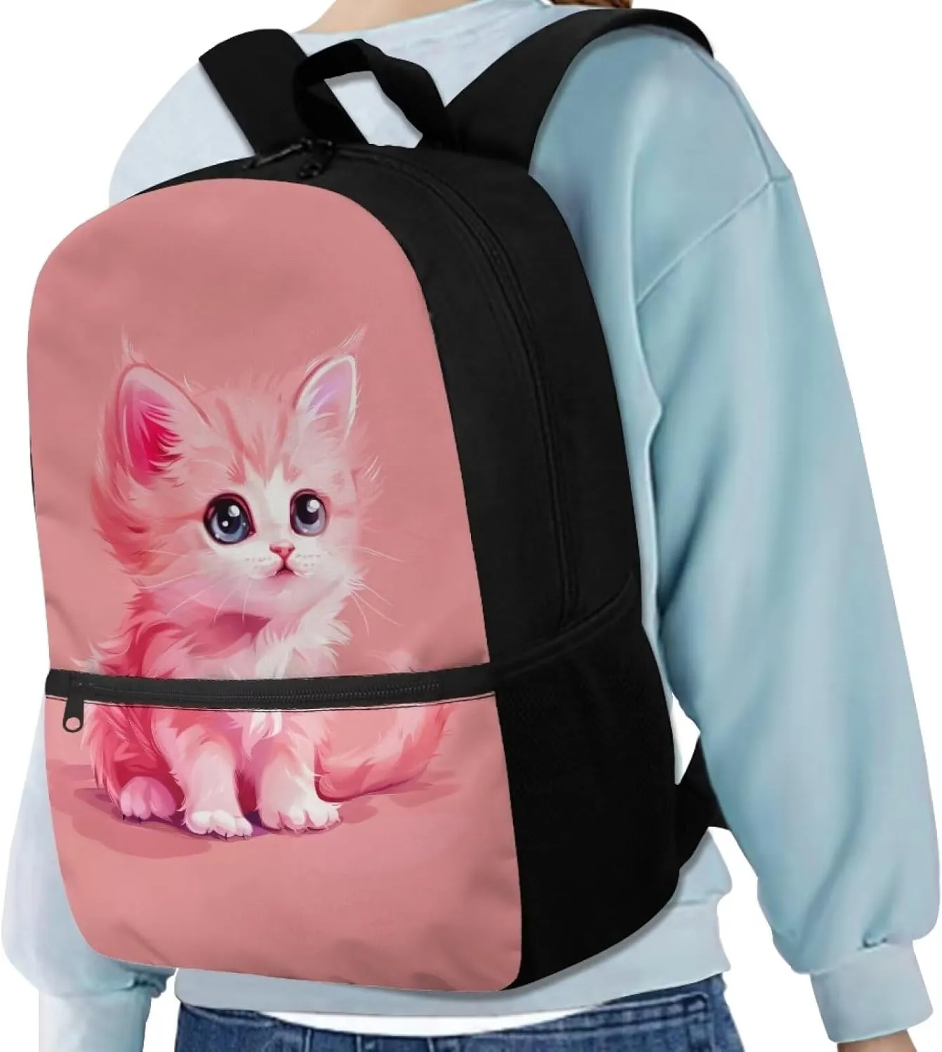 Pink Cat Print School Backpack for Girls 5th Grade Kids Backpack 17 Inch Waterproof Rucksack Adjustabel Straps Portable Daypack