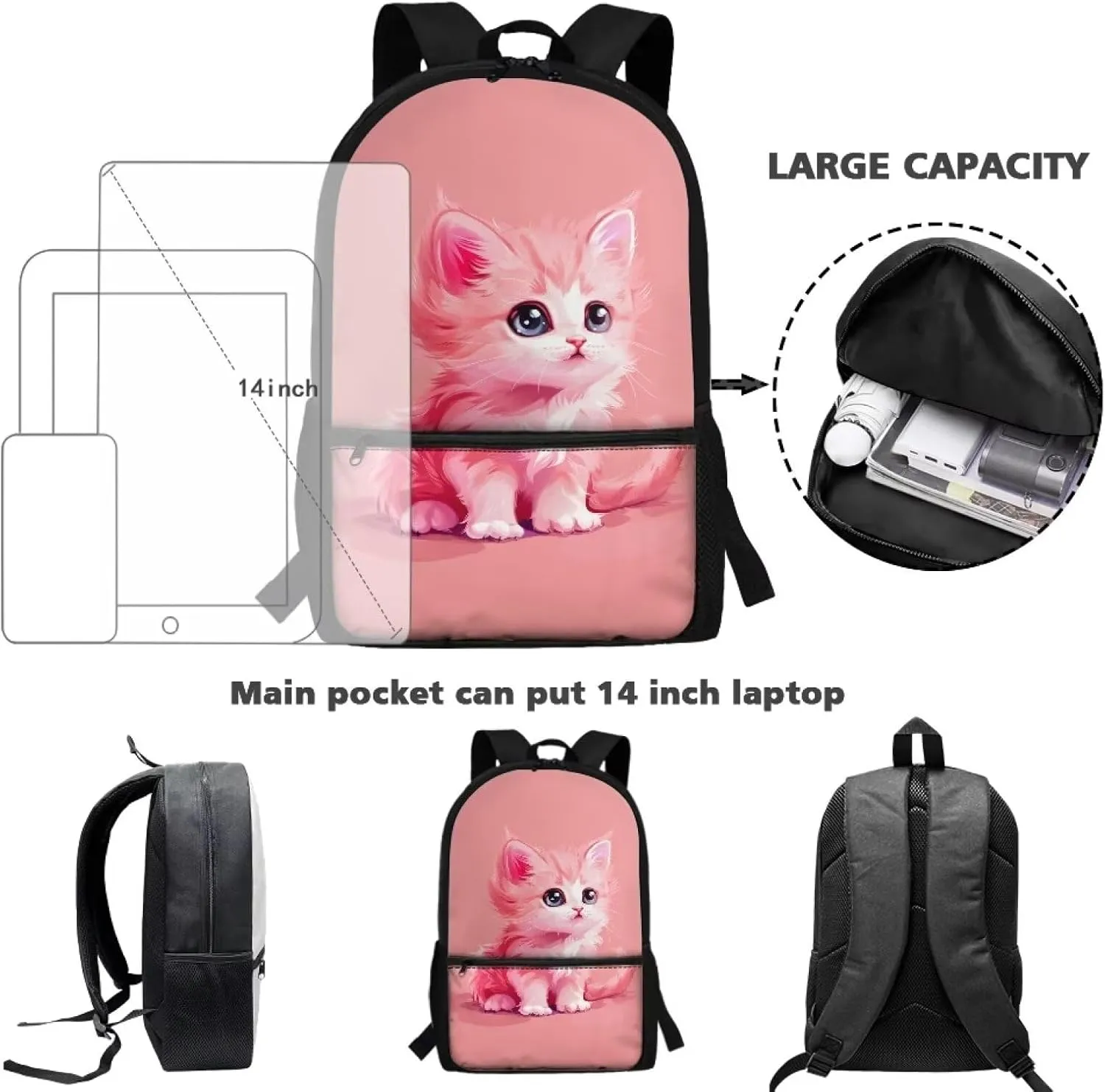 Pink Cat Print School Backpack for Girls 5th Grade Kids Backpack 17 Inch Waterproof Rucksack Adjustabel Straps Portable Daypack