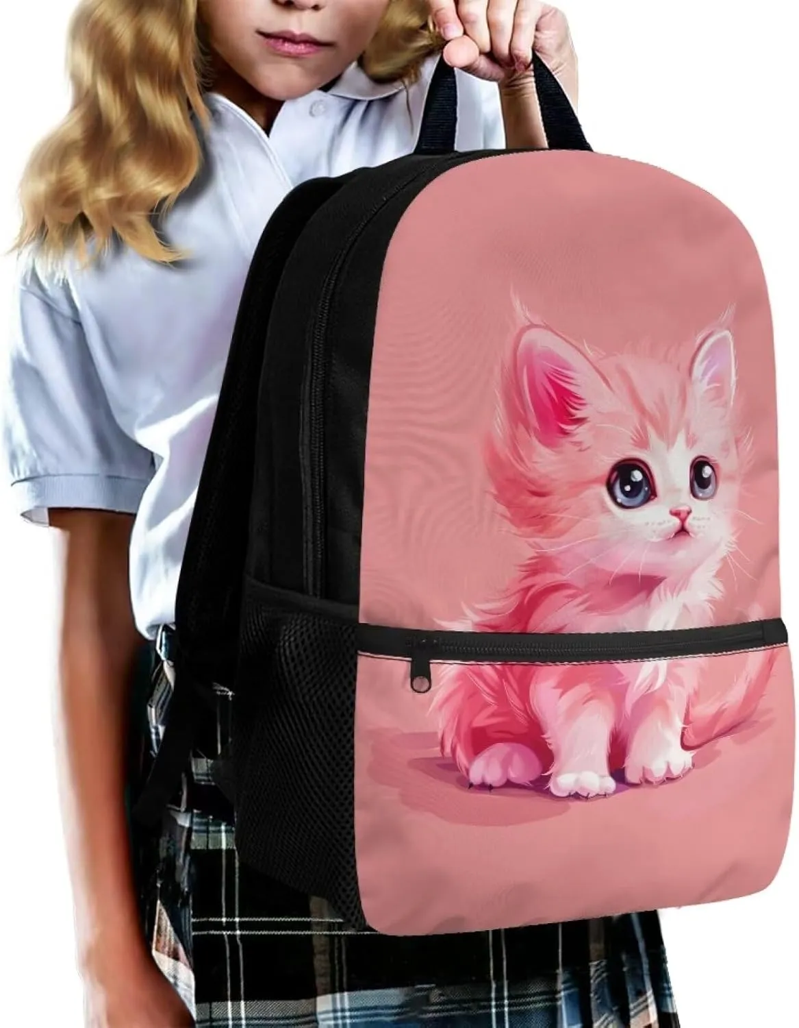 Pink Cat Print School Backpack for Girls 5th Grade Kids Backpack 17 Inch Waterproof Rucksack Adjustabel Straps Portable Daypack
