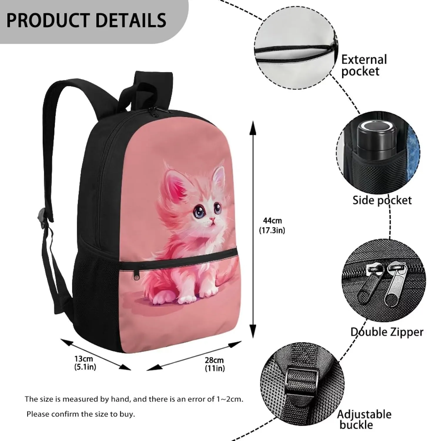 Pink Cat Print School Backpack for Girls 5th Grade Kids Backpack 17 Inch Waterproof Rucksack Adjustabel Straps Portable Daypack
