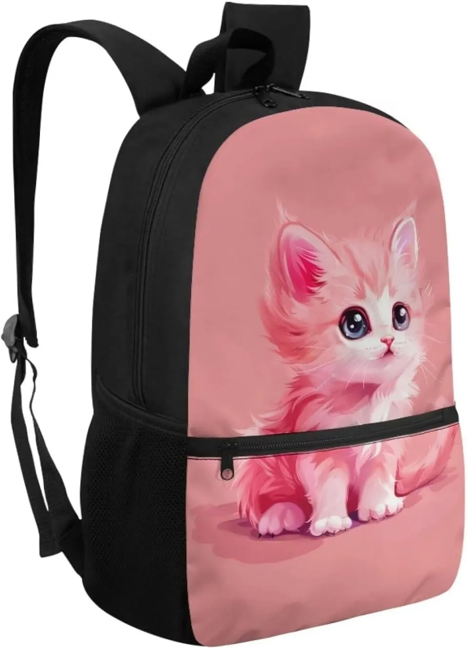 Pink Cat Print School Backpack for Girls 5th Grade Kids Backpack 17 Inch Waterproof Rucksack Adjustabel Straps Portable Daypack