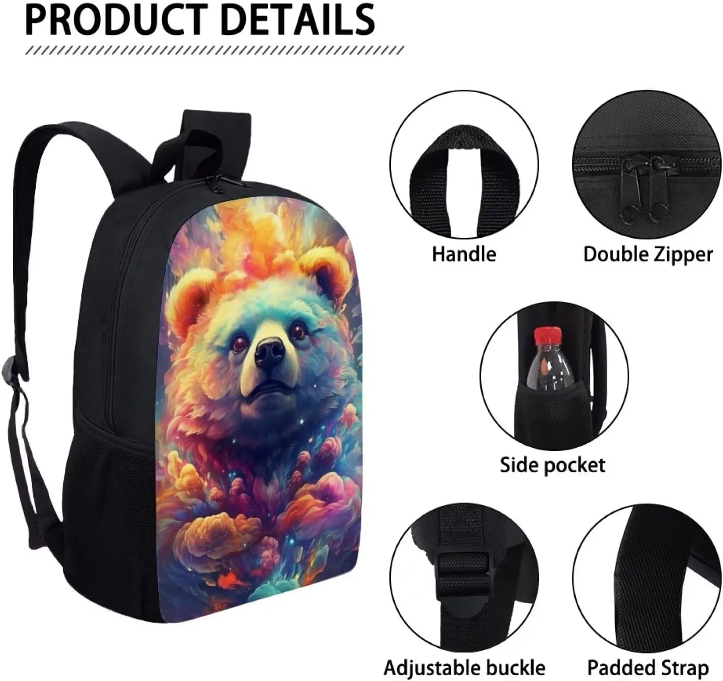 PinUp Angel Cool Bear School Backpack For Boys Girls 16 Inch Animal School Bag Rucksack Backpack 16 Inch Large Capacity School Bags Rucksack