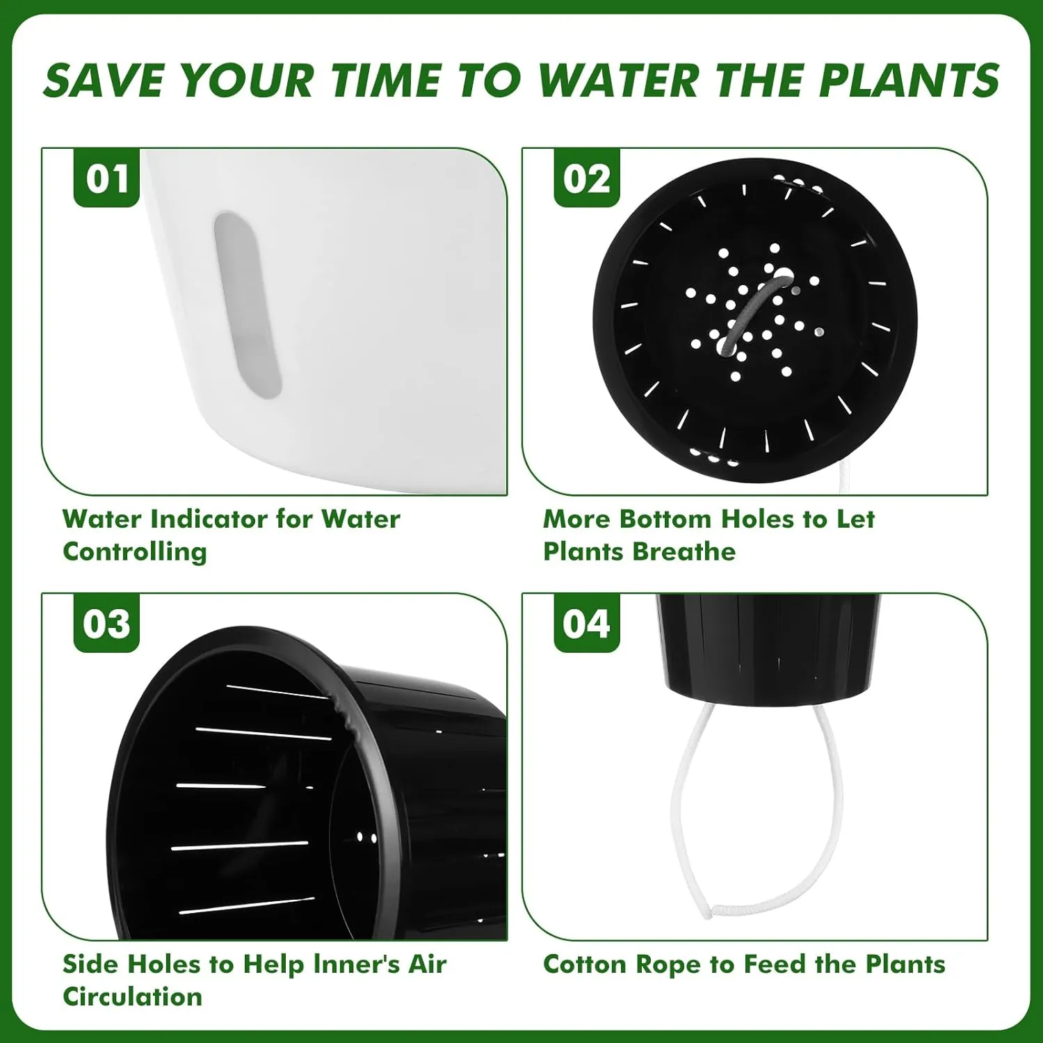 Planterhoma 5 Inch Self Watering Pots for Indoor Plants, 6 Packs African Violet Pots with Indicator, Black Wick Pot with Drainage Holes, Self Watering Planters for Orchid, Devil's Ivy, White