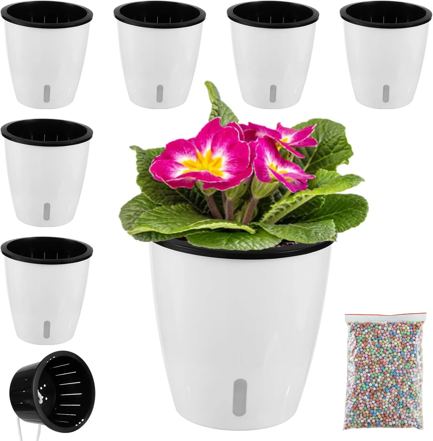 Planterhoma 5 Inch Self Watering Pots for Indoor Plants, 6 Packs African Violet Pots with Indicator, Black Wick Pot with Drainage Holes, Self Watering Planters for Orchid, Devil's Ivy, White