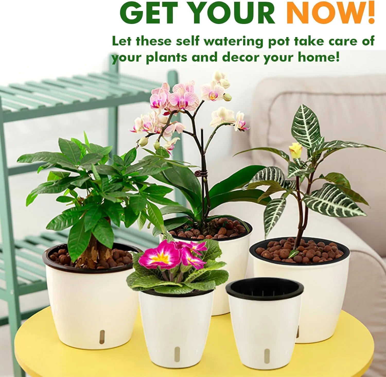 Planterhoma 5 Inch Self Watering Pots for Indoor Plants, 6 Packs African Violet Pots with Indicator, Black Wick Pot with Drainage Holes, Self Watering Planters for Orchid, Devil's Ivy, White