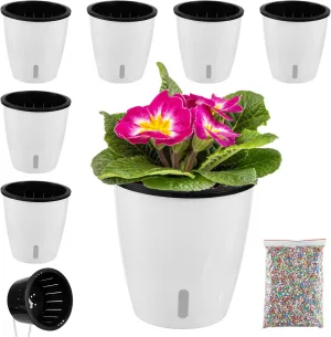 Planterhoma 5 Inch Self Watering Pots for Indoor Plants, 6 Packs African Violet Pots with Indicator, Black Wick Pot with Drainage Holes, Self Watering Planters for Orchid, Devil's Ivy, White