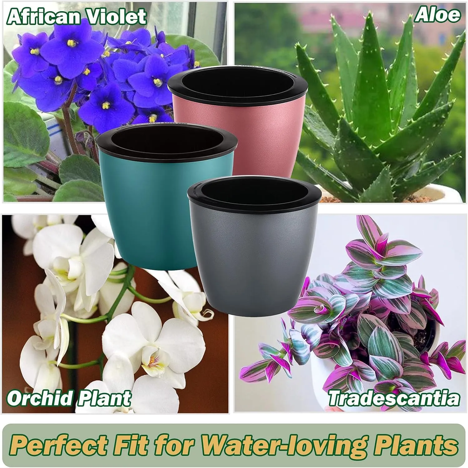 Planterhoma 6.7 Inch Self Watering Pots for Indoor Plants, 6 Packs African Violet Pots, Black Wick Pot with Drainage Holes, Self Watering Planters for Orchid, Devil's Ivy, Silver/Blue/Rose Gold
