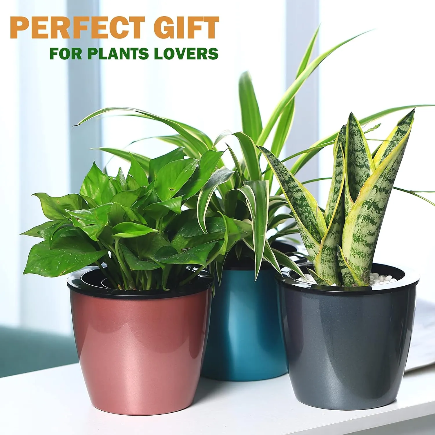 Planterhoma 6.7 Inch Self Watering Pots for Indoor Plants, 6 Packs African Violet Pots, Black Wick Pot with Drainage Holes, Self Watering Planters for Orchid, Devil's Ivy, Silver/Blue/Rose Gold