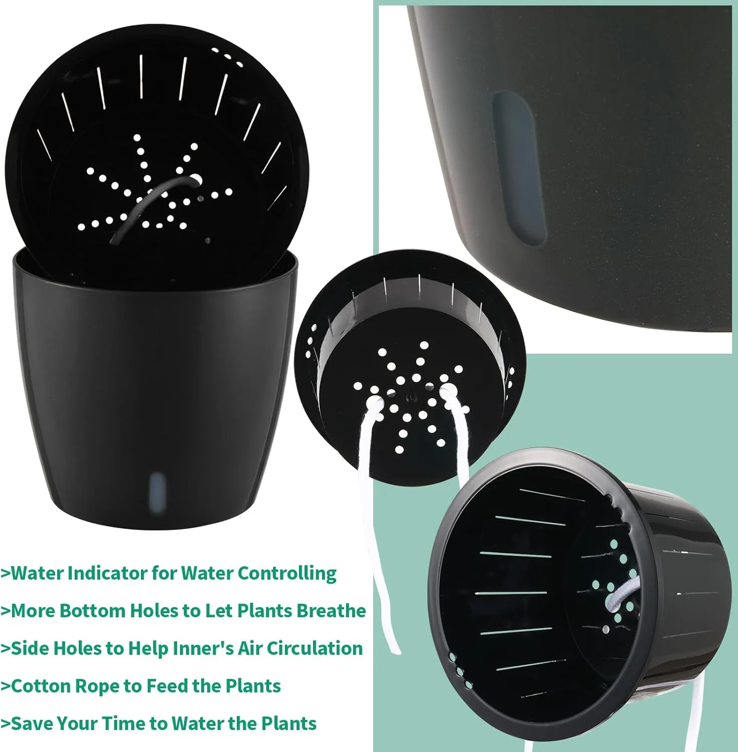 Planterhoma 6.7 Inch Self Watering Pots for Indoor Plants, 6 Packs African Violet Pots with Indicator, Black Wick Pot with Drainage Holes, Self Watering Planters for Orchid, Devil's Ivy, Black