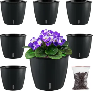 Planterhoma 6.7 Inch Self Watering Pots for Indoor Plants, 6 Packs African Violet Pots with Indicator, Black Wick Pot with Drainage Holes, Self Watering Planters for Orchid, Devil's Ivy, Black
