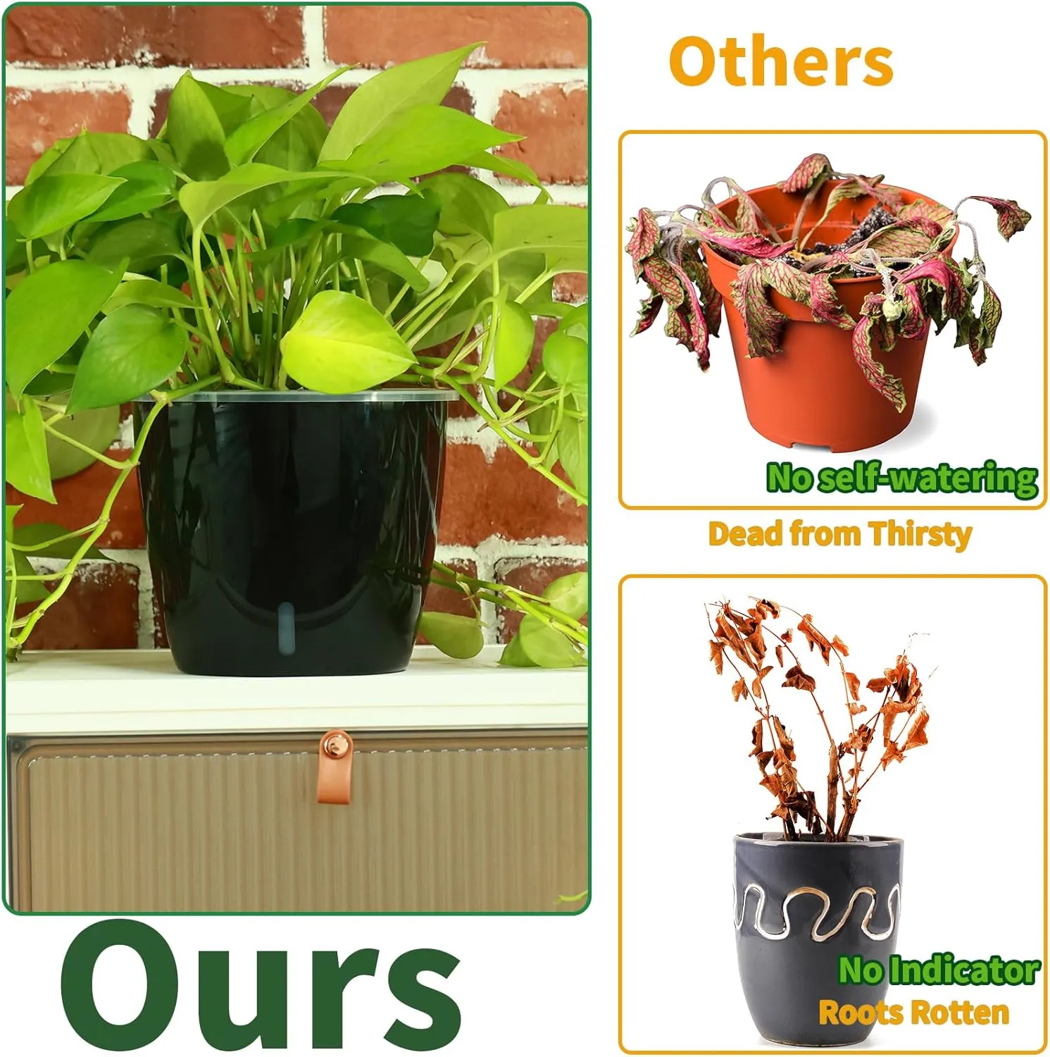 Planterhoma 6.7 Inch Self Watering Pots for Indoor Plants, 6 Packs African Violet Pots with Indicator, Black Wick Pot with Drainage Holes, Self Watering Planters for Orchid, Devil's Ivy, Black