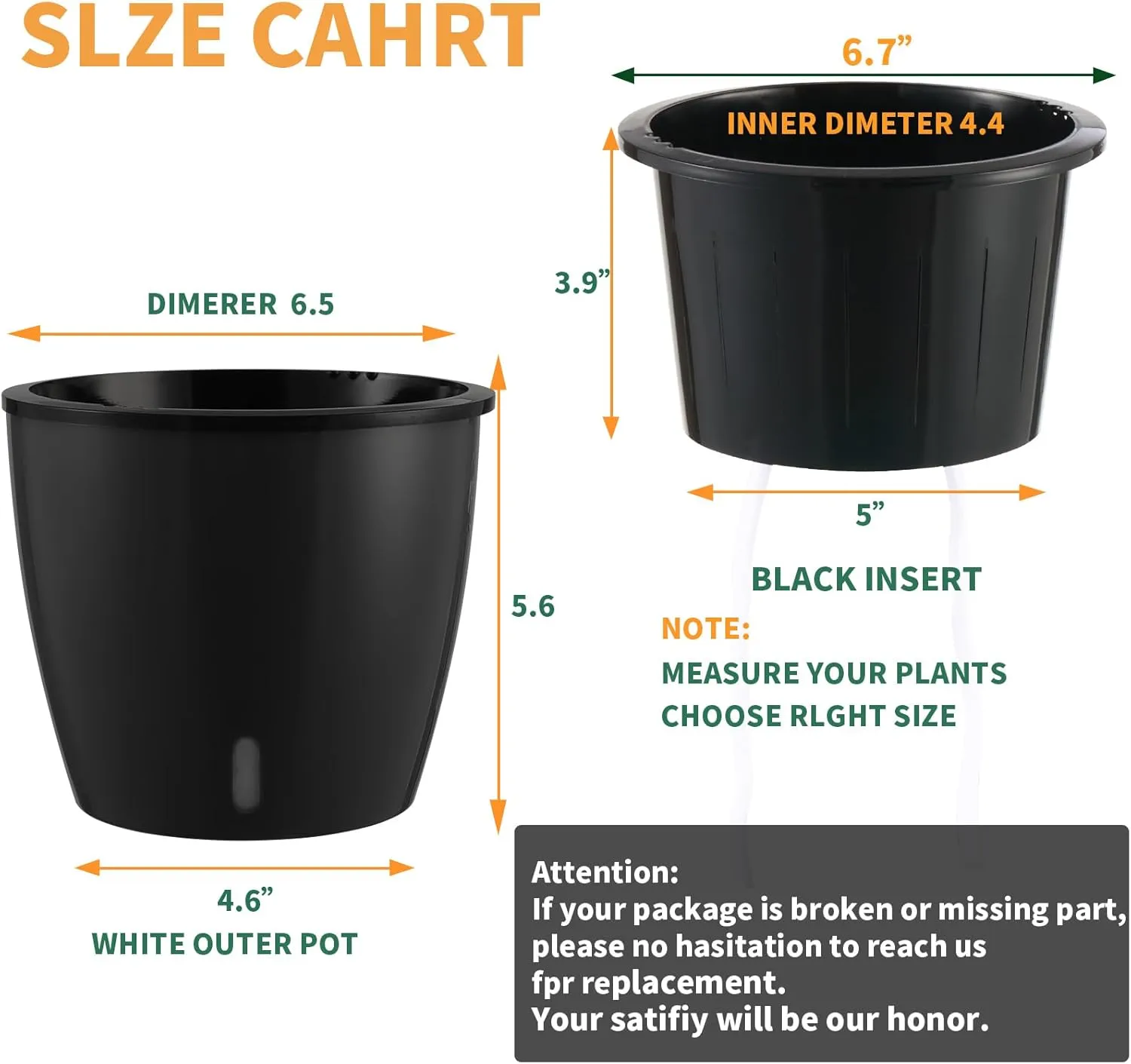 Planterhoma 6.7 Inch Self Watering Pots for Indoor Plants, 6 Packs African Violet Pots with Indicator, Black Wick Pot with Drainage Holes, Self Watering Planters for Orchid, Devil's Ivy, Black