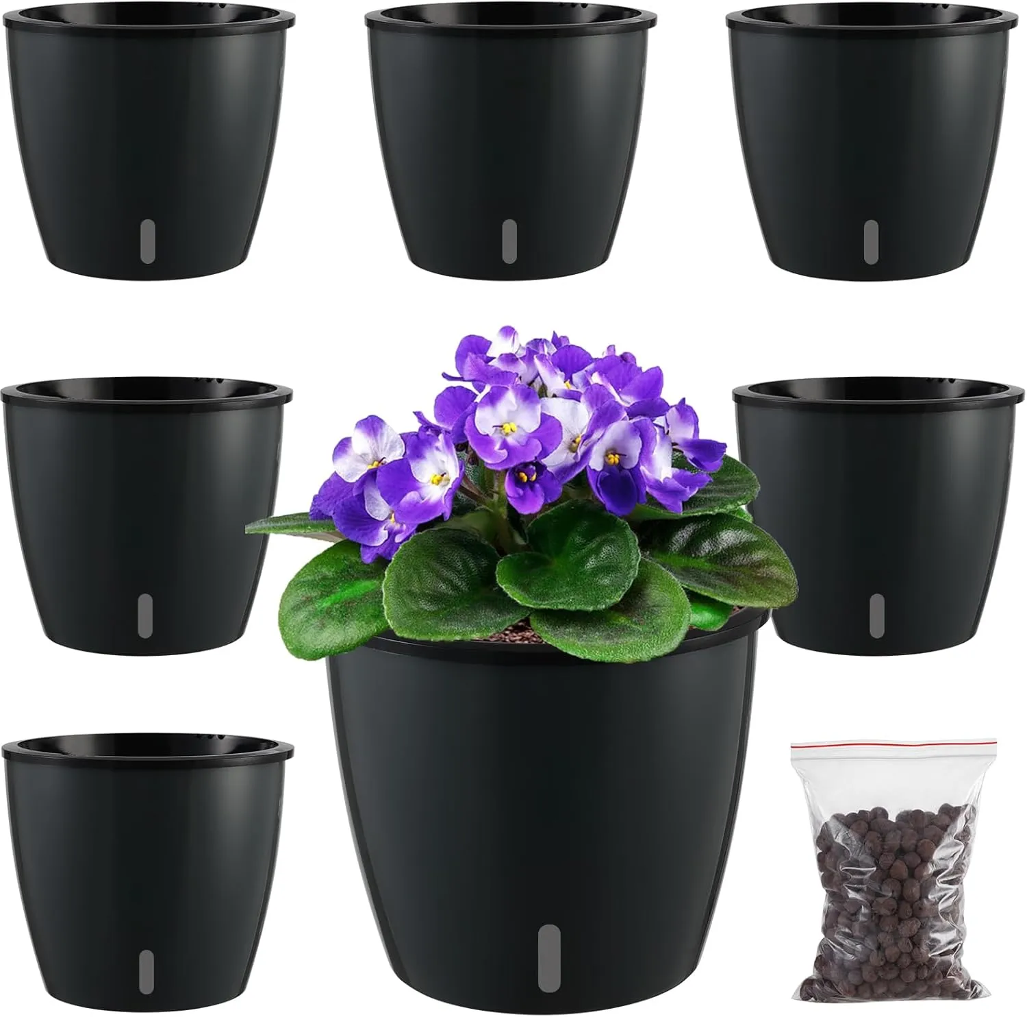 Planterhoma 6.7 Inch Self Watering Pots for Indoor Plants, 6 Packs African Violet Pots with Indicator, Black Wick Pot with Drainage Holes, Self Watering Planters for Orchid, Devil's Ivy, Black