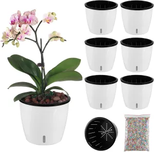 Planterhoma 6.7 Inch Self Watering Pots for Indoor Plants, 6 Packs African Violet Pots with Indicator, Black Wick Pot with Drainage Holes, Self Watering Planters for Orchid, Devil's Ivy, White