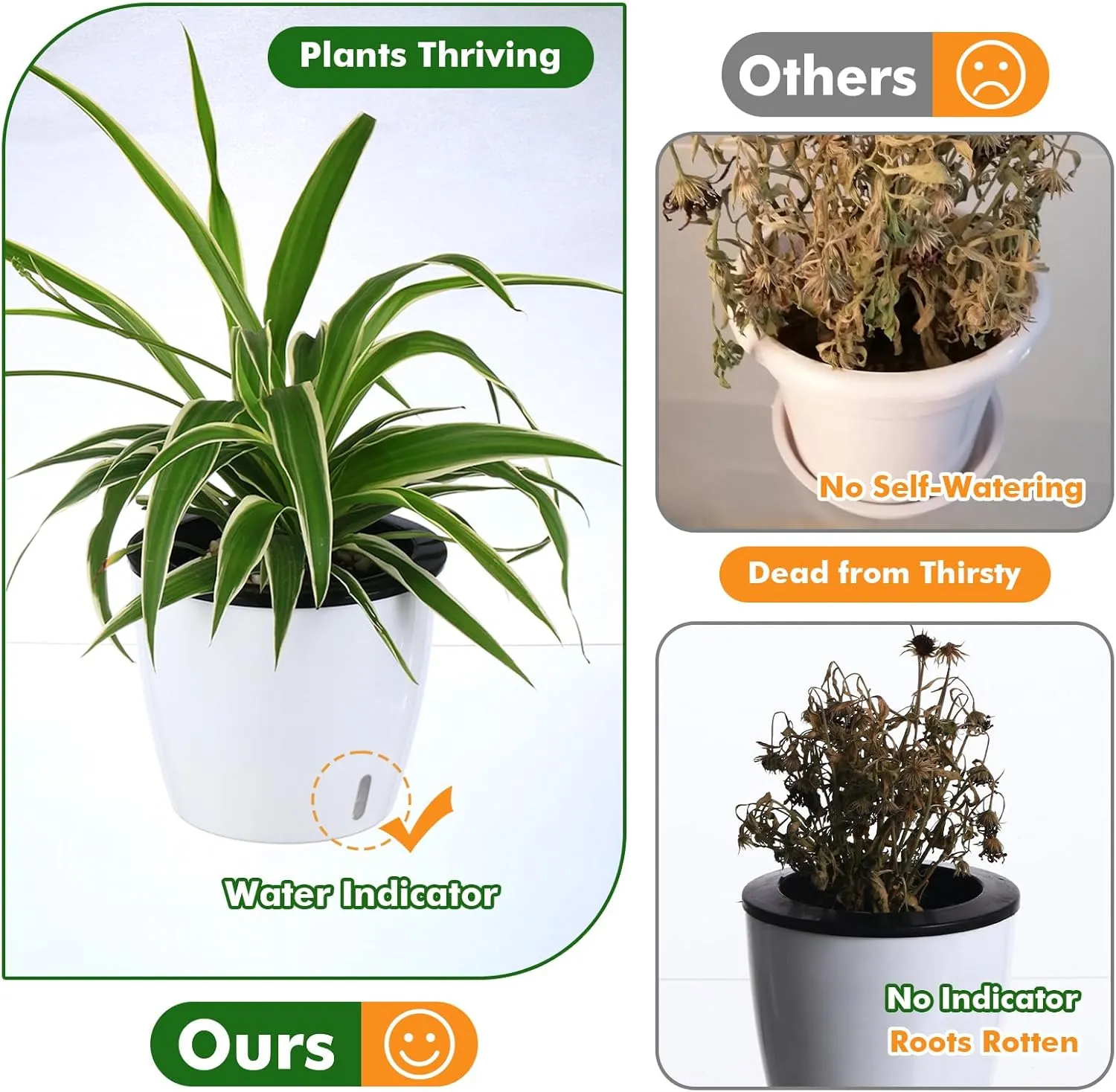 Planterhoma 6.7 Inch Self Watering Pots for Indoor Plants, 6 Packs African Violet Pots with Indicator, Black Wick Pot with Drainage Holes, Self Watering Planters for Orchid, Devil's Ivy, White
