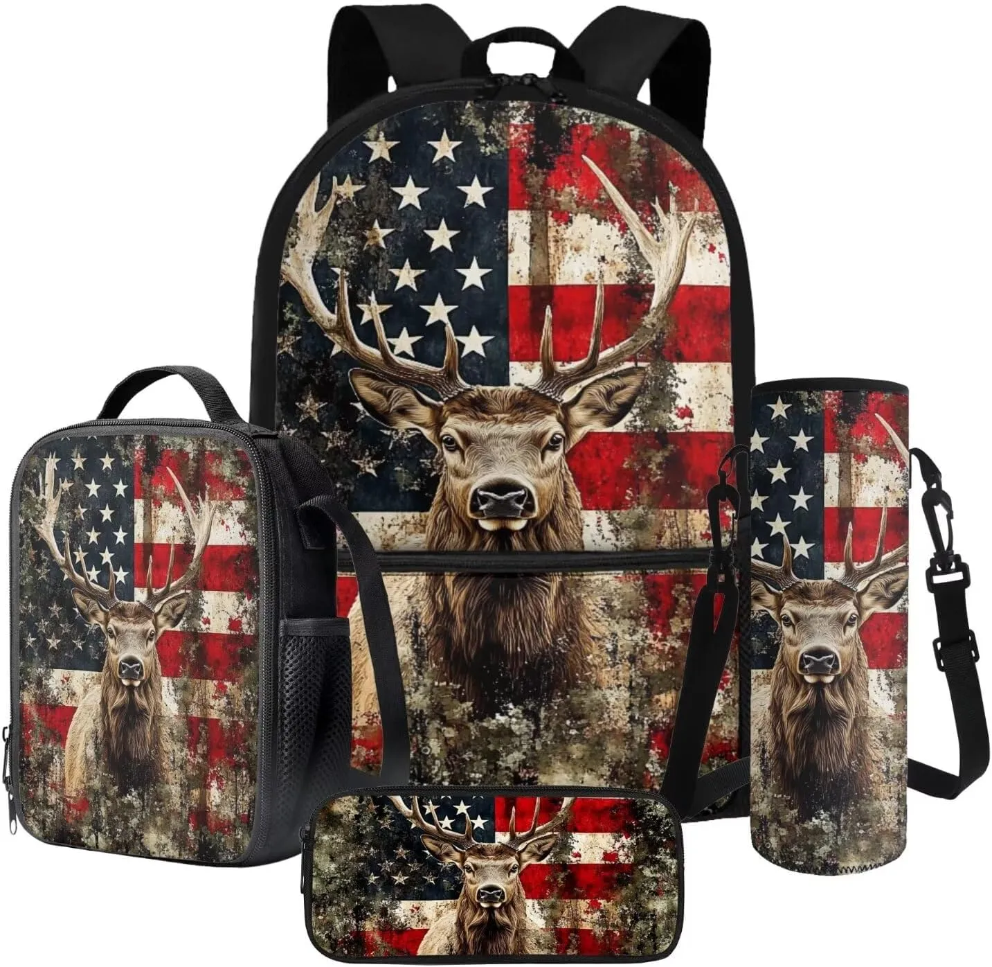 Poceacles 4 PCS Kids Backpack and Lunch Bag Set, Girls Boys Fashion Rucksacks Pencil Case, Lunch Bag, Bottle Pouch, Children's School Supplies Accessories, American Flag Deer Print