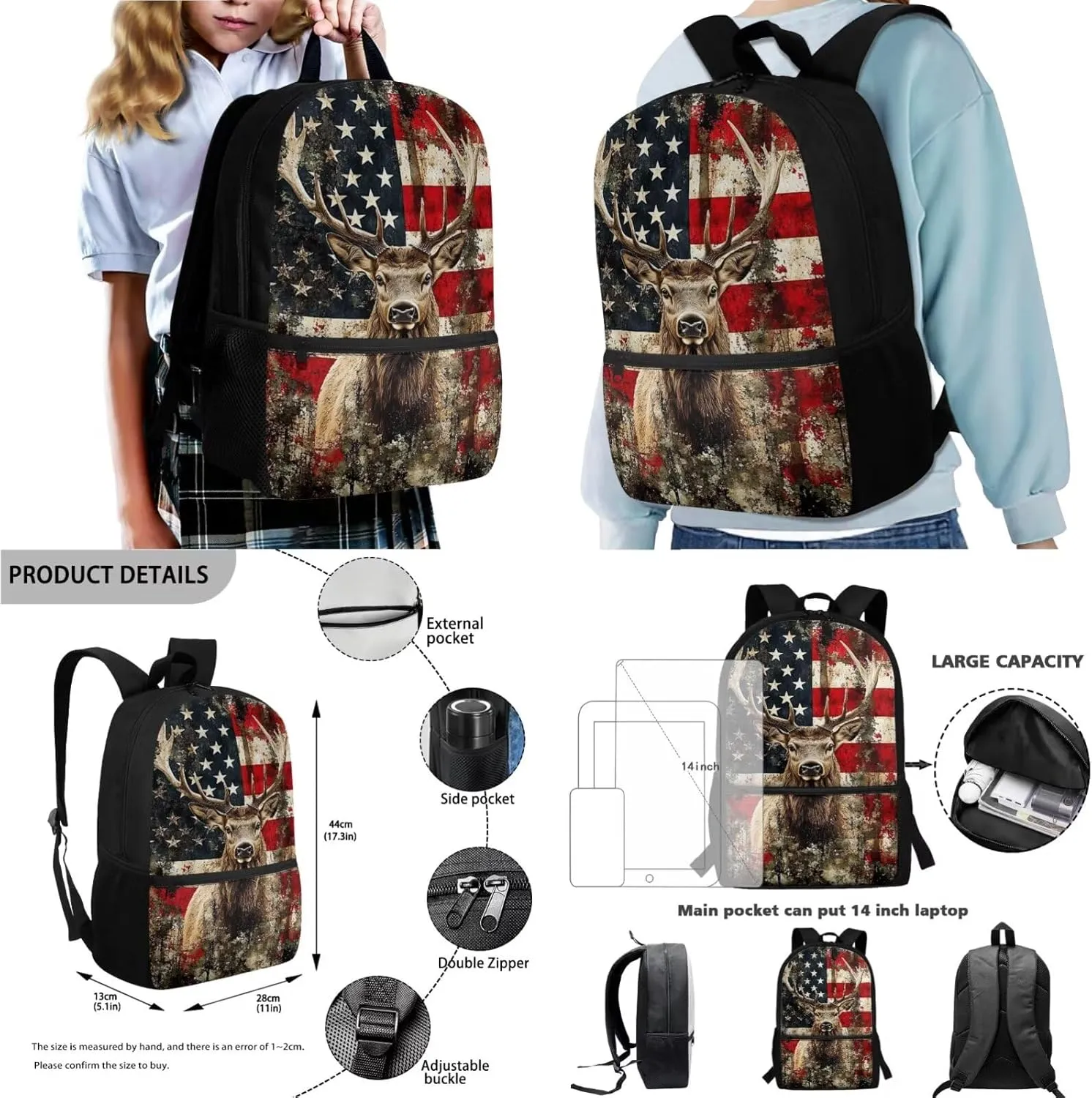 Poceacles 4 PCS Kids Backpack and Lunch Bag Set, Girls Boys Fashion Rucksacks Pencil Case, Lunch Bag, Bottle Pouch, Children's School Supplies Accessories, American Flag Deer Print