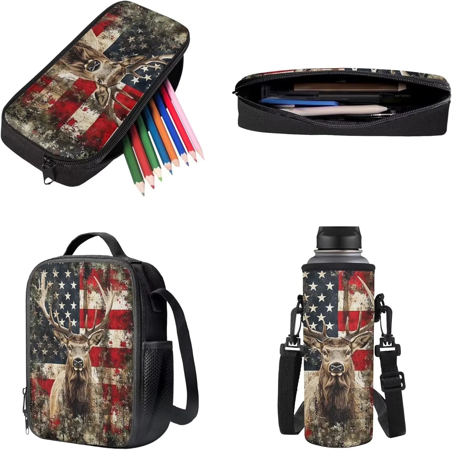 Poceacles 4 PCS Kids Backpack and Lunch Bag Set, Girls Boys Fashion Rucksacks Pencil Case, Lunch Bag, Bottle Pouch, Children's School Supplies Accessories, American Flag Deer Print