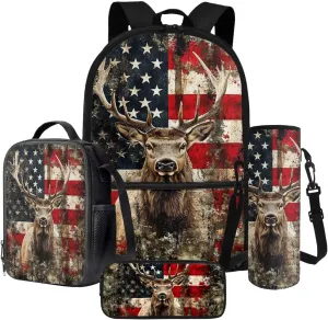 Poceacles 4 PCS Kids Backpack and Lunch Bag Set, Girls Boys Fashion Rucksacks Pencil Case, Lunch Bag, Bottle Pouch, Children's School Supplies Accessories, American Flag Deer Print