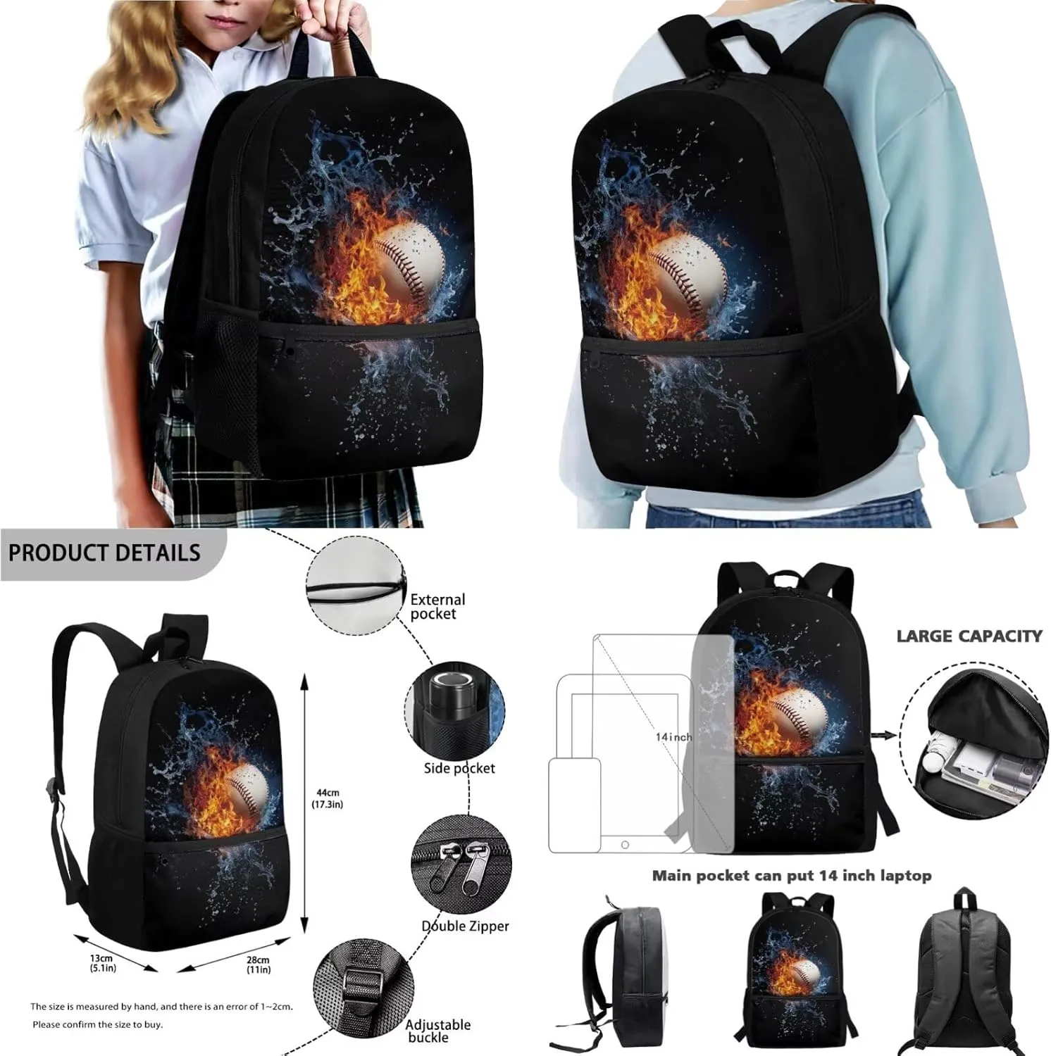 Poceacles 4 Piece School Bag Set, Rucksack Portable Insulated Lunch Bag, Pencil Case, Bottle Sleeve Stylish Athletic Design Backpack Set for School Travel Picnic, Baseball Flame Water Black