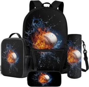 Poceacles 4 Piece School Bag Set, Rucksack Portable Insulated Lunch Bag, Pencil Case, Bottle Sleeve Stylish Athletic Design Backpack Set for School Travel Picnic, Baseball Flame Water Black