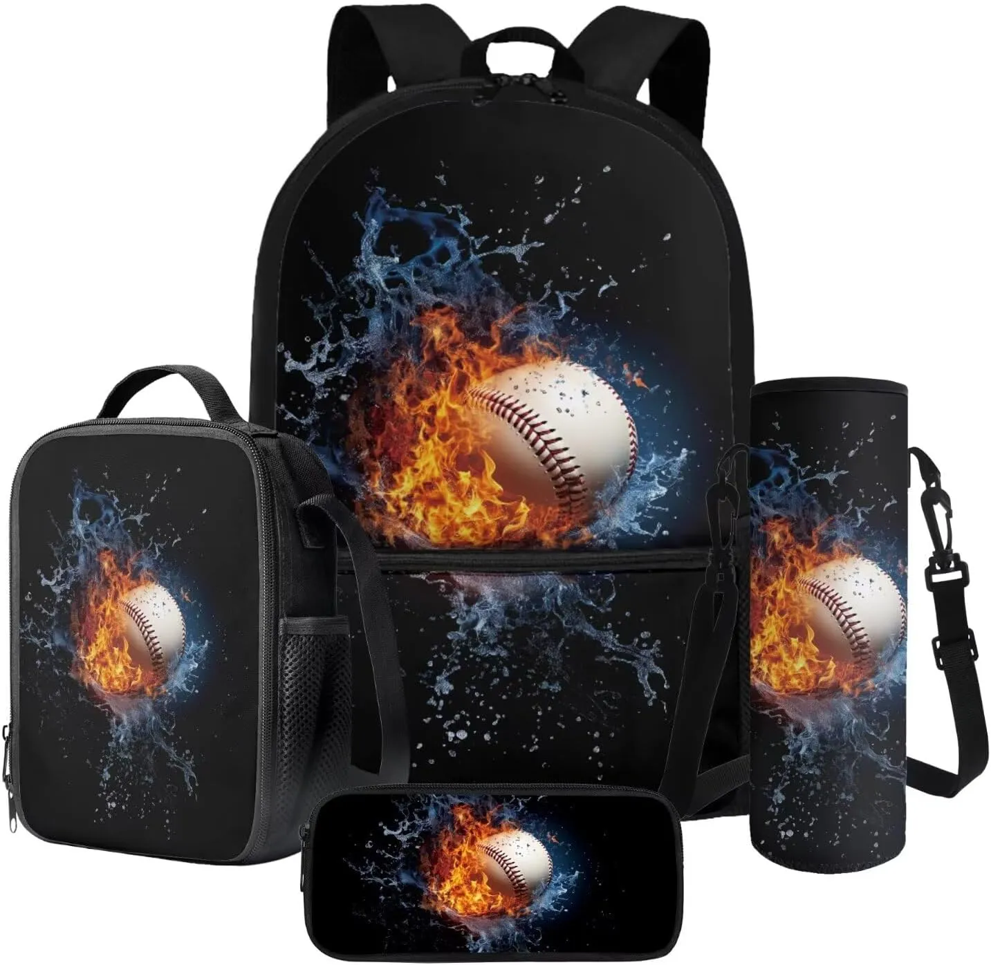 Poceacles 4 Piece School Bag Set, Rucksack Portable Insulated Lunch Bag, Pencil Case, Bottle Sleeve Stylish Athletic Design Backpack Set for School Travel Picnic, Baseball Flame Water Black