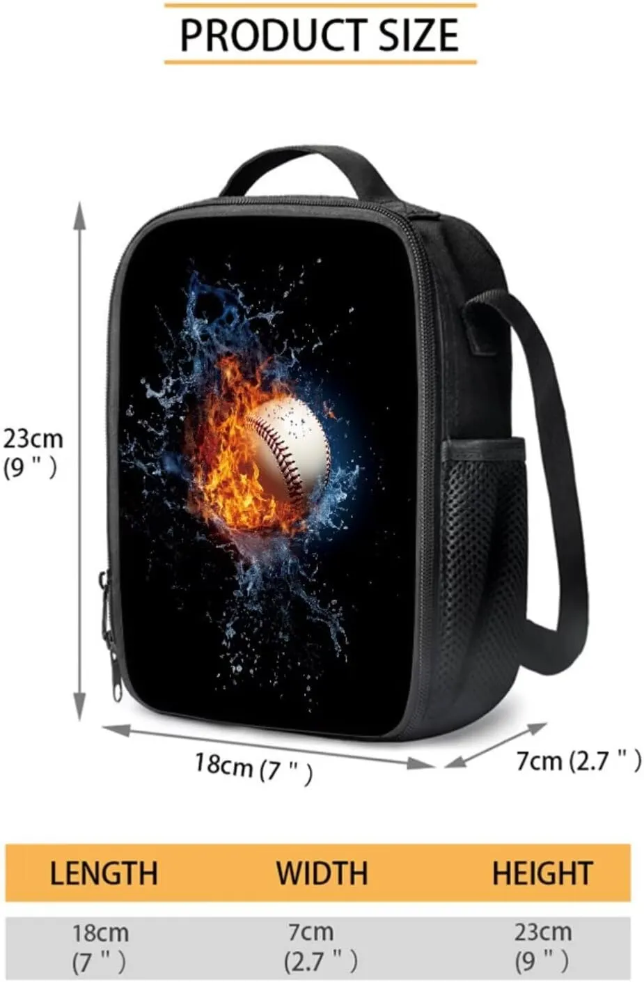 Poceacles 4 Piece School Bag Set, Rucksack Portable Insulated Lunch Bag, Pencil Case, Bottle Sleeve Stylish Athletic Design Backpack Set for School Travel Picnic, Baseball Flame Water Black
