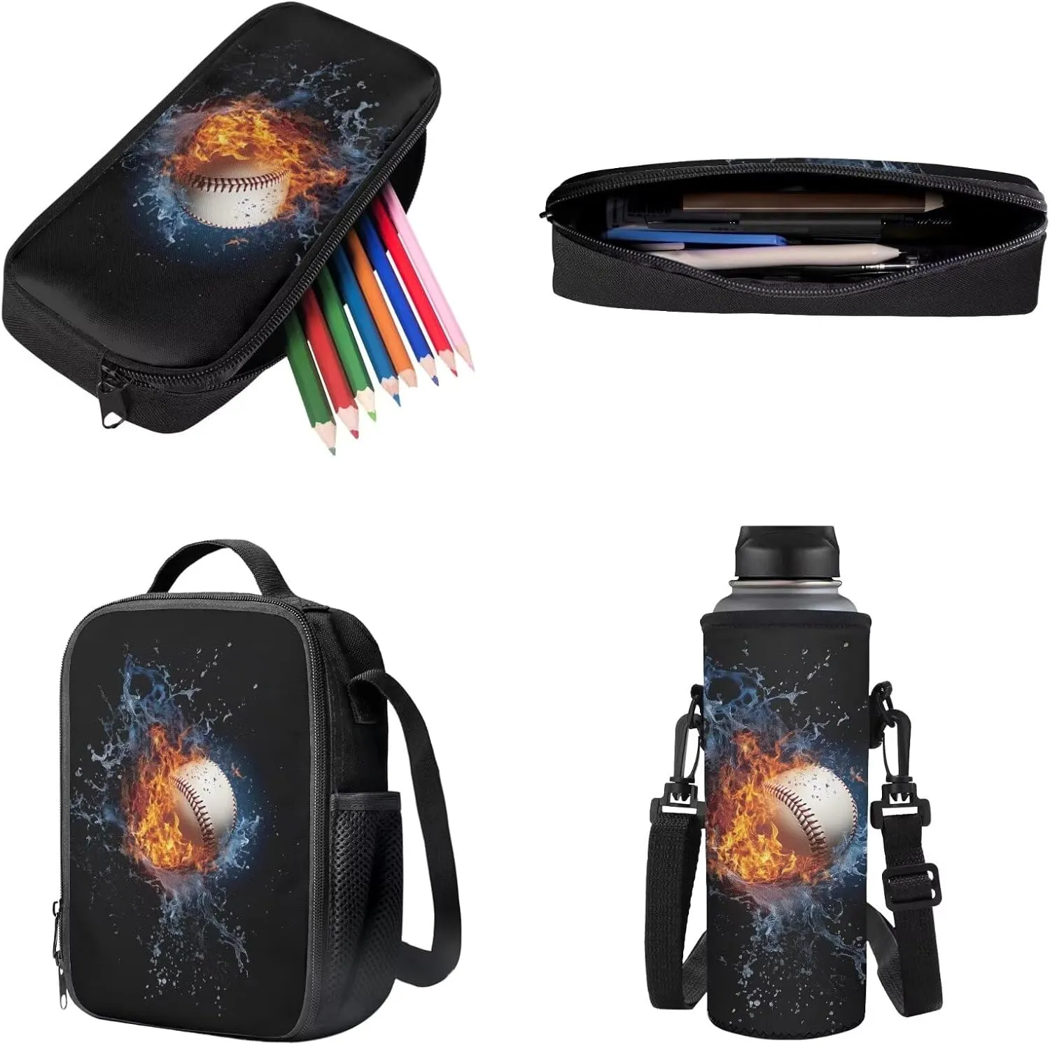 Poceacles 4 Piece School Bag Set, Rucksack Portable Insulated Lunch Bag, Pencil Case, Bottle Sleeve Stylish Athletic Design Backpack Set for School Travel Picnic, Baseball Flame Water Black