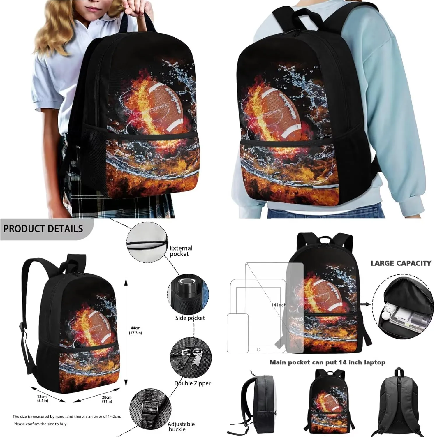 Poceacles 4 Pieces Backpack Sets for Girls Boys, Including Sport Style Rucksack Pencil Case Lunch Box Bag Bottle Sleeve for Primary Junior High School, Travel, Picnic, American Football Water Flame