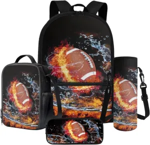 Poceacles 4 Pieces Backpack Sets for Girls Boys, Including Sport Style Rucksack Pencil Case Lunch Box Bag Bottle Sleeve for Primary Junior High School, Travel, Picnic, American Football Water Flame
