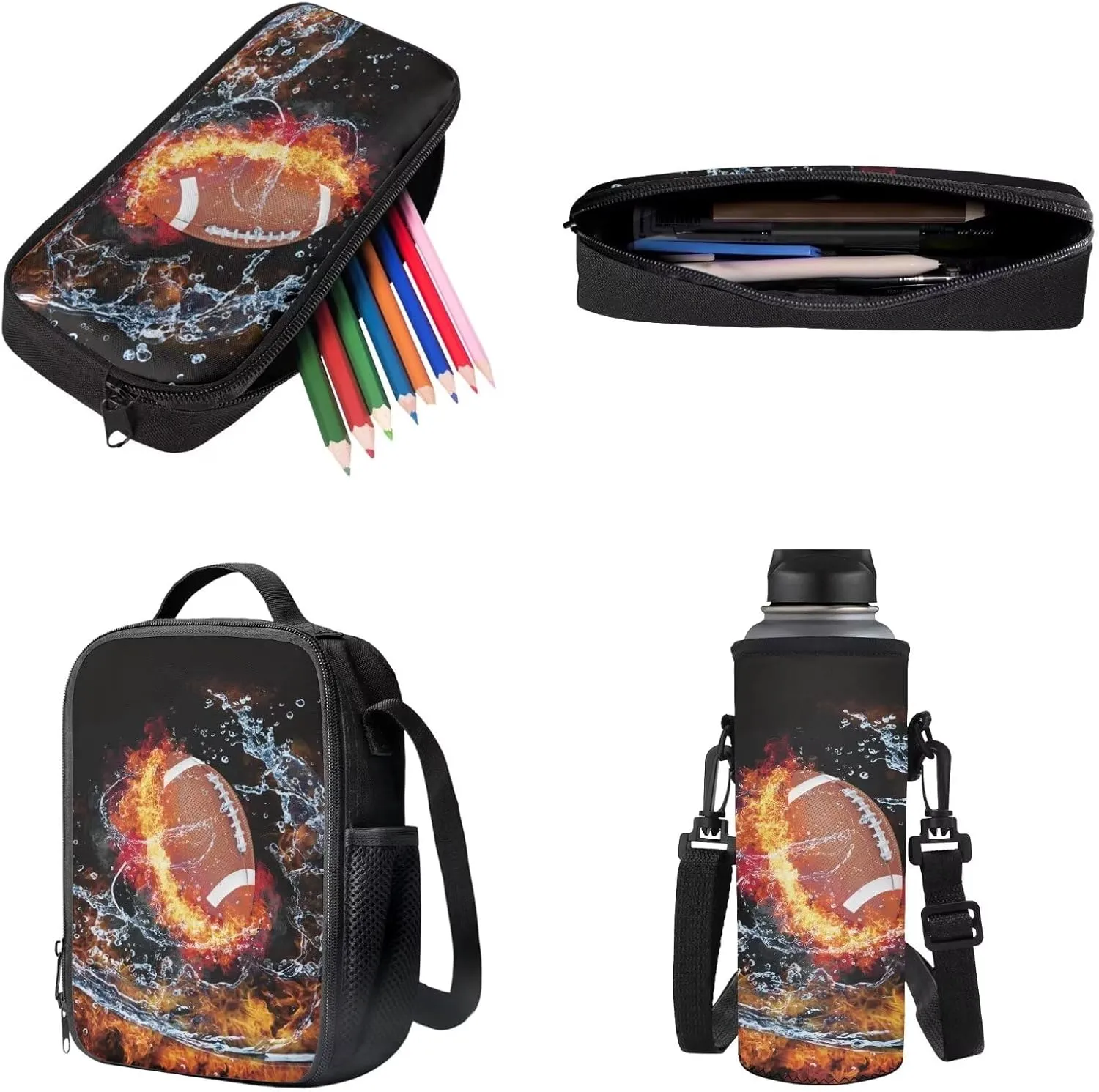 Poceacles 4 Pieces Backpack Sets for Girls Boys, Including Sport Style Rucksack Pencil Case Lunch Box Bag Bottle Sleeve for Primary Junior High School, Travel, Picnic, American Football Water Flame
