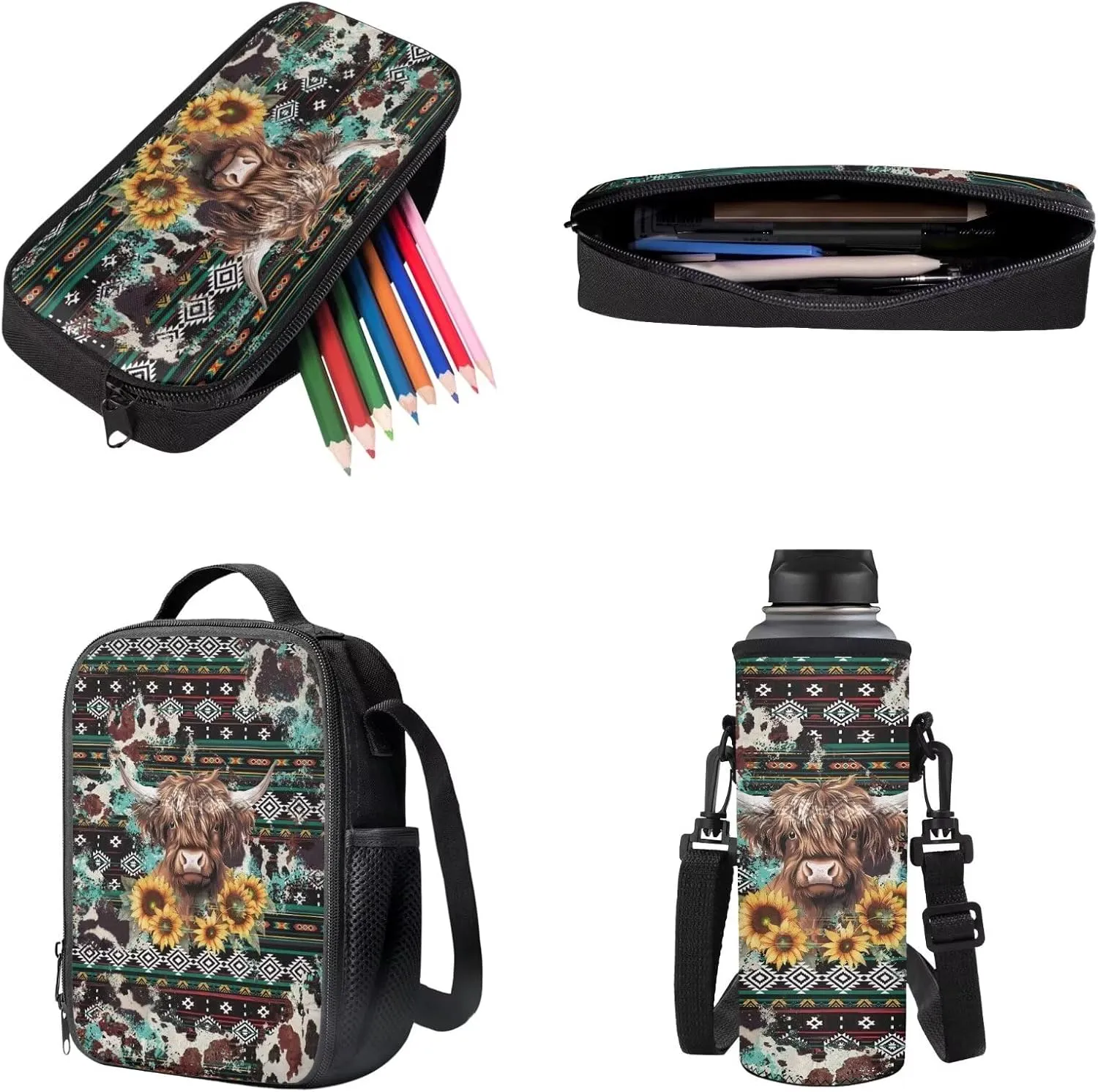 Poceacles 4 Pieces School Backpack Set for Kids Children, with Insulated Lunch Bag Pencil Case Water Bottle Carrier Rucksack Fits 14 Inches Laptops, Aztec Highland Cow Teal Brown