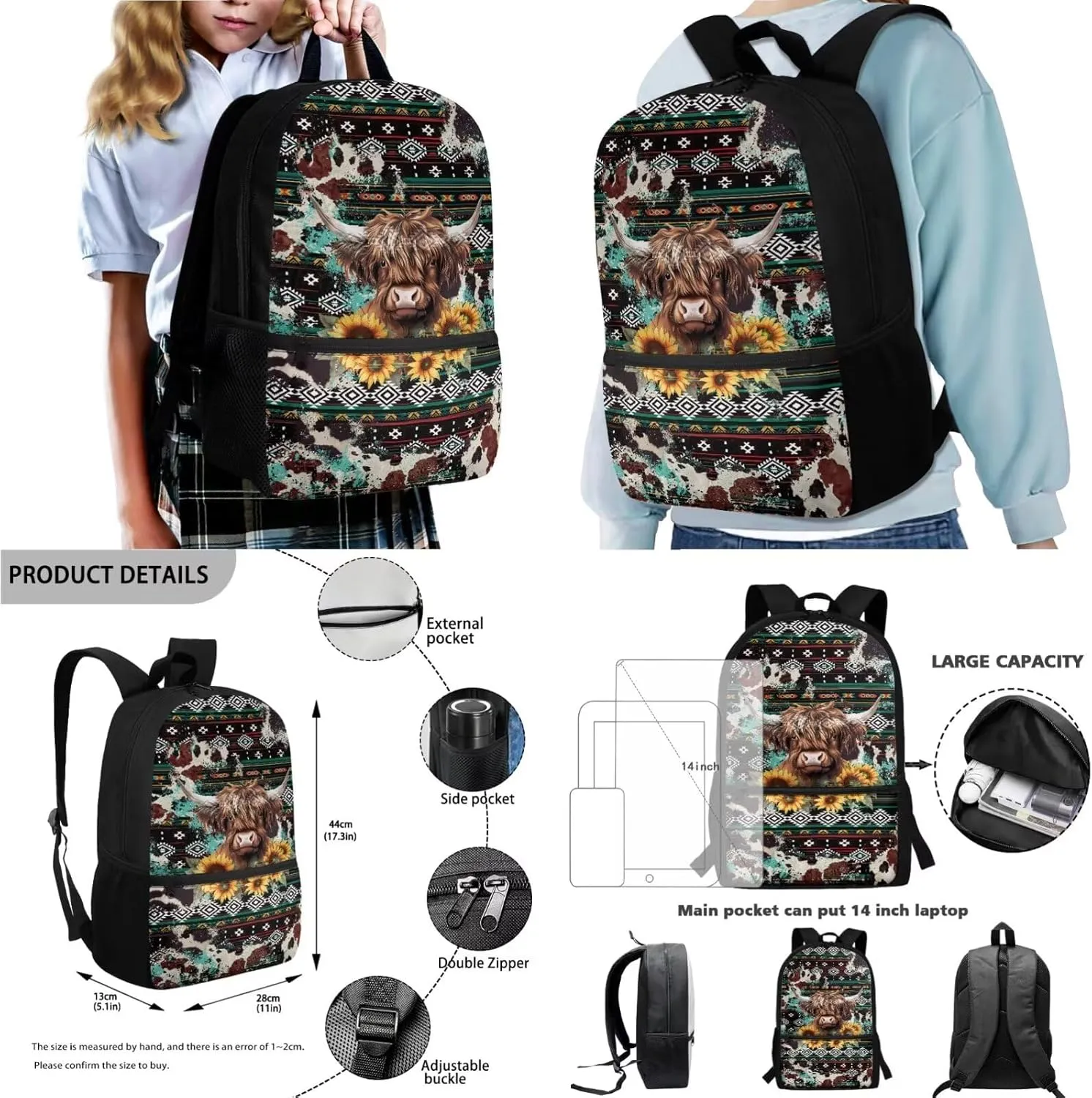 Poceacles 4 Pieces School Backpack Set for Kids Children, with Insulated Lunch Bag Pencil Case Water Bottle Carrier Rucksack Fits 14 Inches Laptops, Aztec Highland Cow Teal Brown