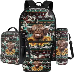 Poceacles 4 Pieces School Backpack Set for Kids Children, with Insulated Lunch Bag Pencil Case Water Bottle Carrier Rucksack Fits 14 Inches Laptops, Aztec Highland Cow Teal Brown