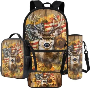 Poceacles 4 Pieces School Backpack Set with Stylish Rucksack, Insulated Lunch Box Bag, Pencil Case, Water Bottle Sleeve for Primary Secondary Students, American Flag Deer Sunflower Wood Grain