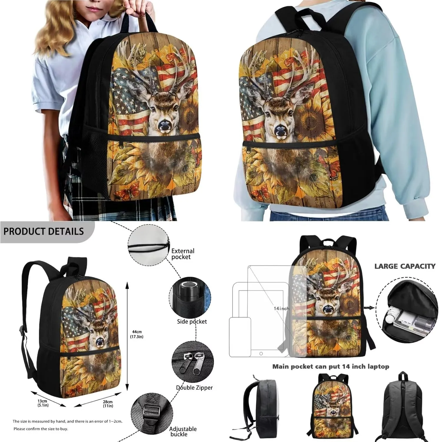 Poceacles 4 Pieces School Backpack Set with Stylish Rucksack, Insulated Lunch Box Bag, Pencil Case, Water Bottle Sleeve for Primary Secondary Students, American Flag Deer Sunflower Wood Grain