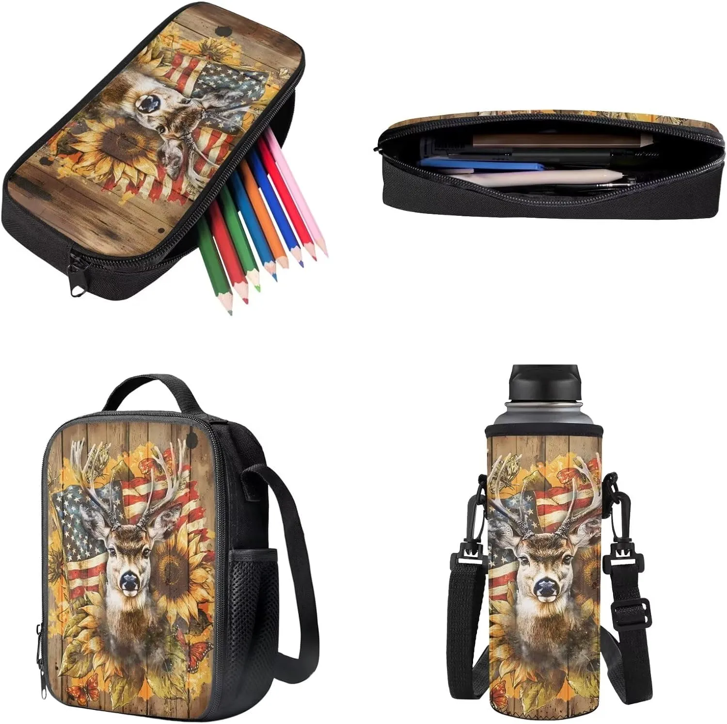 Poceacles 4 Pieces School Backpack Set with Stylish Rucksack, Insulated Lunch Box Bag, Pencil Case, Water Bottle Sleeve for Primary Secondary Students, American Flag Deer Sunflower Wood Grain