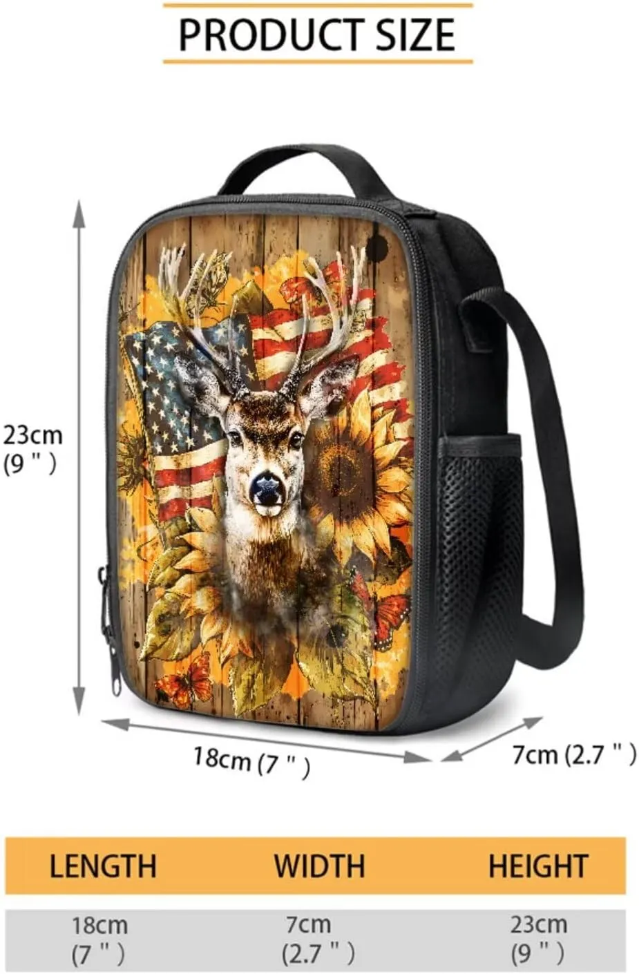 Poceacles 4 Pieces School Backpack Set with Stylish Rucksack, Insulated Lunch Box Bag, Pencil Case, Water Bottle Sleeve for Primary Secondary Students, American Flag Deer Sunflower Wood Grain
