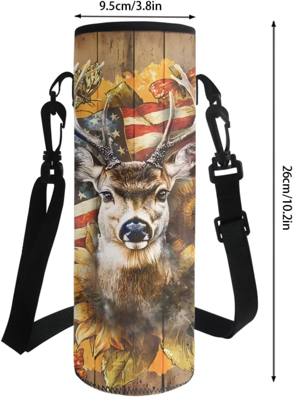 Poceacles 4 Pieces School Backpack Set with Stylish Rucksack, Insulated Lunch Box Bag, Pencil Case, Water Bottle Sleeve for Primary Secondary Students, American Flag Deer Sunflower Wood Grain